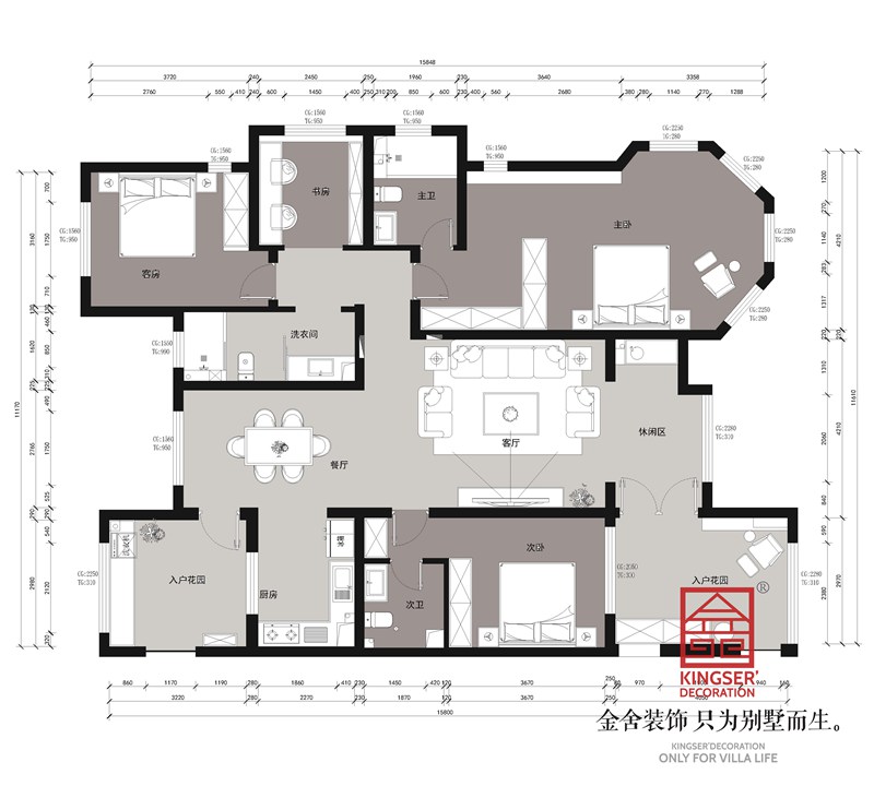 國仕山190平現(xiàn)代風格裝修三居室戶型解析